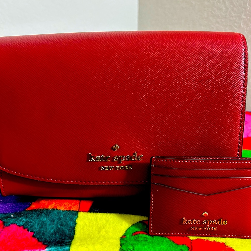 Winter Red Kate Spade “Madison Saffiano” Leather Clutch bag with ID/Card holder